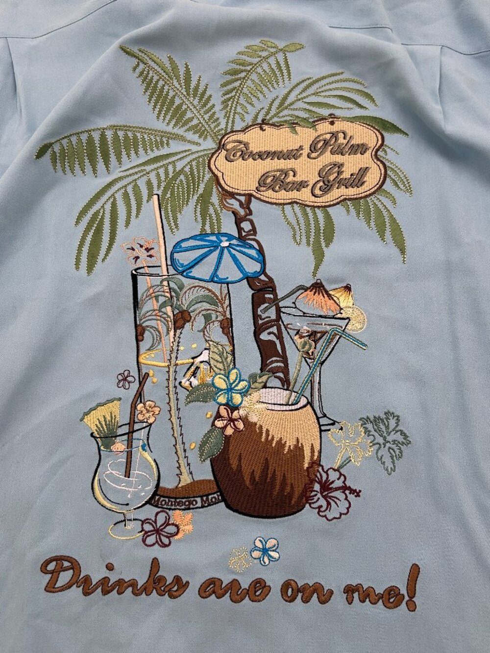 Montego Mon Embroidered Drinks are on Me Silk Shirt Size L Blue Hawaiian